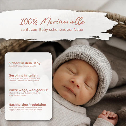 Babymütze aus 100% Merinowolle mit Teddyohren