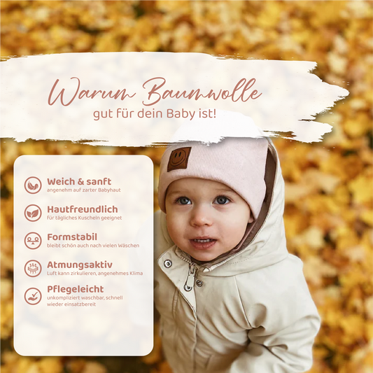 Set: Gerippte Beanie Mütze mit Loop Schal für Babys & Kinder - Motiv Smile