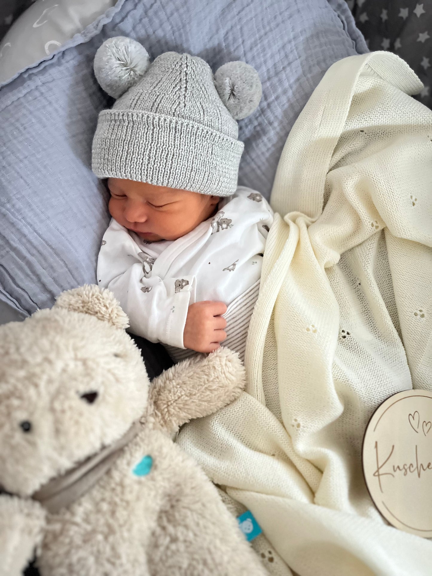 Baby Beanie Mütze Merino mit Teddyohren