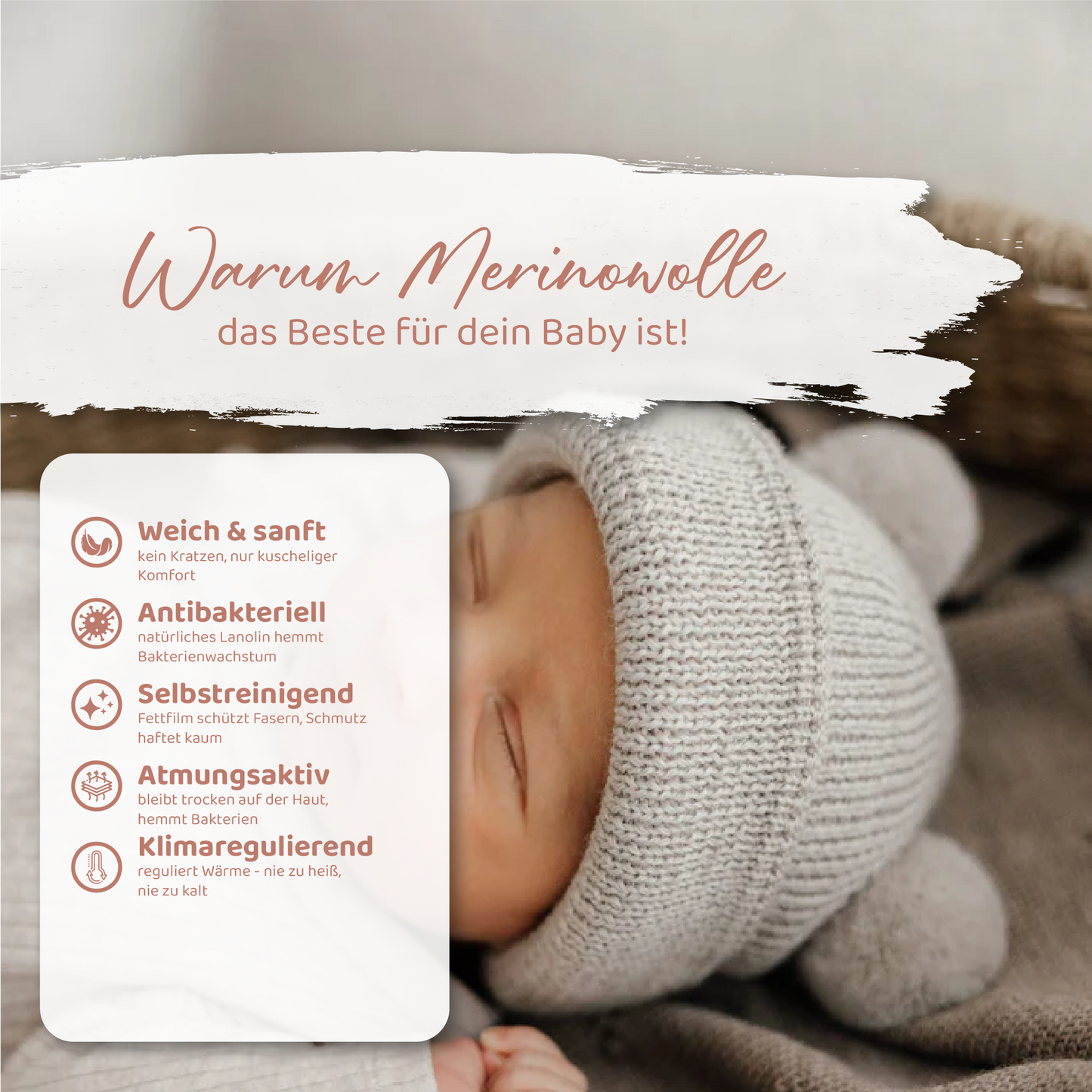 Baby Beanie Mütze Merino mit Teddyohren