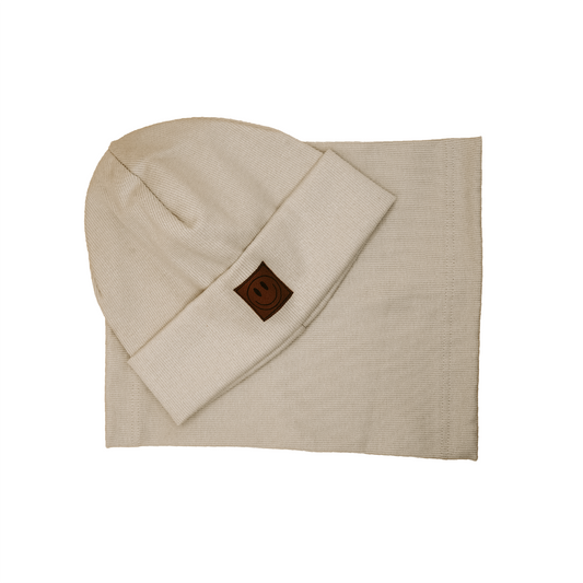 Set: Gerippte Beanie Mütze mit Loop Schal für Babys & Kinder - Motiv Smile