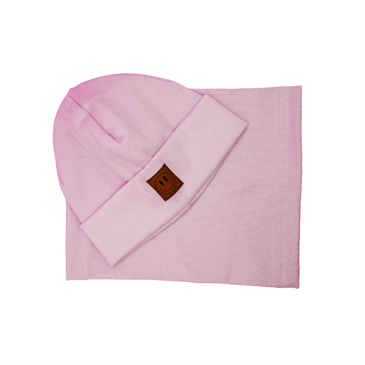 Set: Gerippte Beanie Mütze mit Loop Schal für Babys & Kinder - Motiv Smile